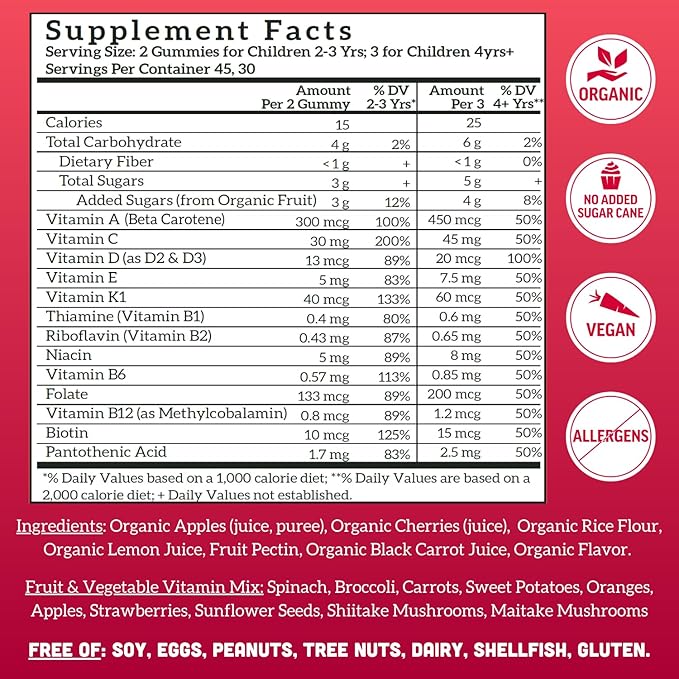 Llama Naturals Kids Multivitamin Gummies, Vegan, Organic with Vitamin D, C & K, Toddler Real Fruit Gummy Vitamins, Chewable Supplement, Whole Food Multivitamin, No Added Sugar Cane, Cherry, 2 Pk