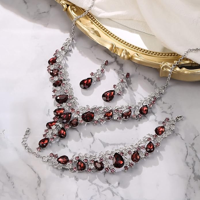 BriLove Women's Wedding Bridal Austrian Crystal Teardrop Flower Cluster Statement Necklace Dangle Earrings Jewelry Set for Party Prom