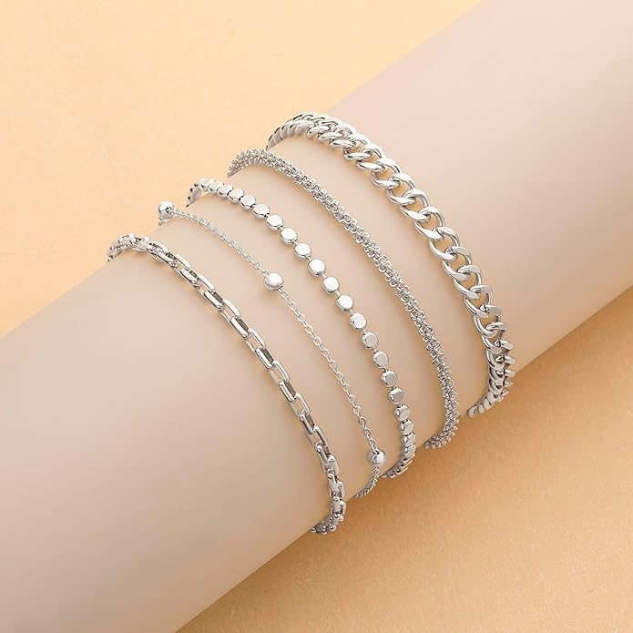 DEARMAY Dainty Silver Plated Bracelets for Women Trendy, Silver Jewelry Set for Women Bracelets for Women Paperclip Box Herringbone Figaro Rope Chain Bracelet Fashion Pack Gifts for Women