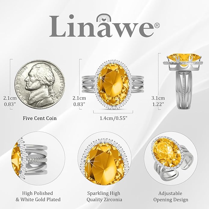 Linawe Birthstone Chunky Adjustable Rings for Women, Gold/Silver/Rose Gold Statement Rings, Imitation Diamond Fake Gemstone Crystal Cocktail Ring, Cubic Zirconia Costume Jewelry