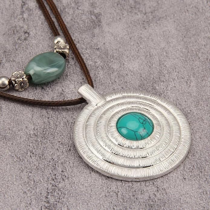 Boho Necklaces for Women Chunky Circle Necklace Layered Boho Circle Leather Choker Necklace Long Vintage Necklaces Bohemian Jewlery Gifts