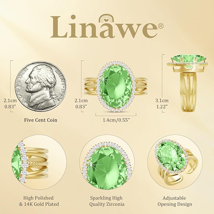 Linawe Birthstone Chunky Adjustable Rings for Women, Gold/Silver/Rose Gold Statement Rings, Imitation Diamond Fake Gemstone Crystal Cocktail Ring, Cubic Zirconia Costume Jewelry