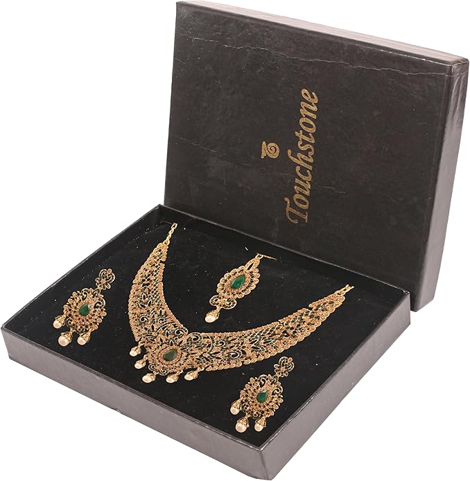 Touchstone Indian jewelry sets for women tikka wedding necklace costume guest statement bollywood rhinestones crystal faux pearls gold big royal neck piece set bridal fashion accessories