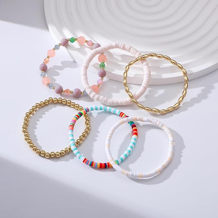 Heishi Beaded Stretch Bracelets for Women Stackable Polymer Clay Beads Bracelets Friendship Boho Summer Beach Bracelet Jewelry Set