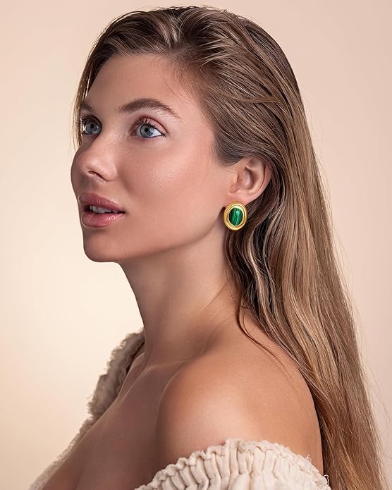 18K gold plated Medium Oval Button Chunky Statement Earrings for Women by SNGIA, (Turquoise, Carnelian, Aventurine, Amethyst, Malachite, Cat Eye, White, Cream) Bold Handmade Colored (Red, Blue, Green, White, Cream, Purple) Exaggerated Dome Retro Rounde...