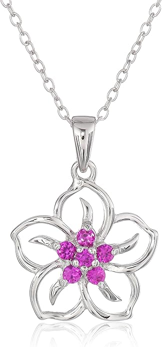 Amazon Collection Genuine or Created Gemstone Birthstone Flower Pendant Necklace with Chain in Sterling Silver, 18"