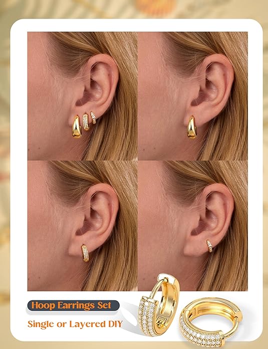 LOLIAS Small 14K Gold Plated Chunky Hoop Earrings for Women Hypoallergenic Silver Earrings Set for Sensitive Ears Non Tarnish Huggie Hoops Earring Stacks for Multiple Piercing Jewelry Lightweight 3Pairs