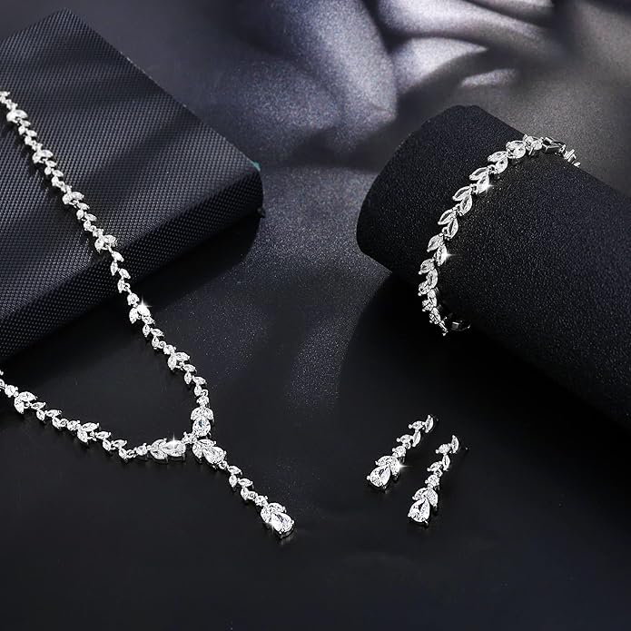 Bridal Wedding Jewelry CZ Set Marquise Teardrop Cubic Zirconia Pendant Necklace and Dangle Earring Bracelet Sets for Women