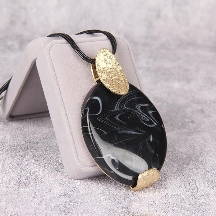 GelConnie Leather Necklace for Women Large Pendant Long Brown Necklace Circle Leather Choker Vintage Sweater Necklace Gold Chunky Boho Necklaces for Women