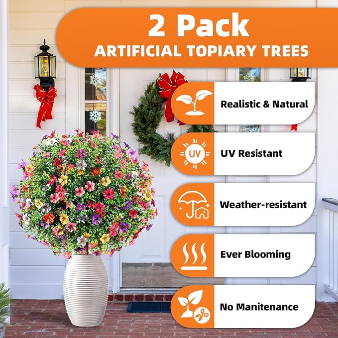 27.5" Artificial Flowers Boxwood Topiary Ball Tree Set of 2, UV Resistant Fake - Image 3