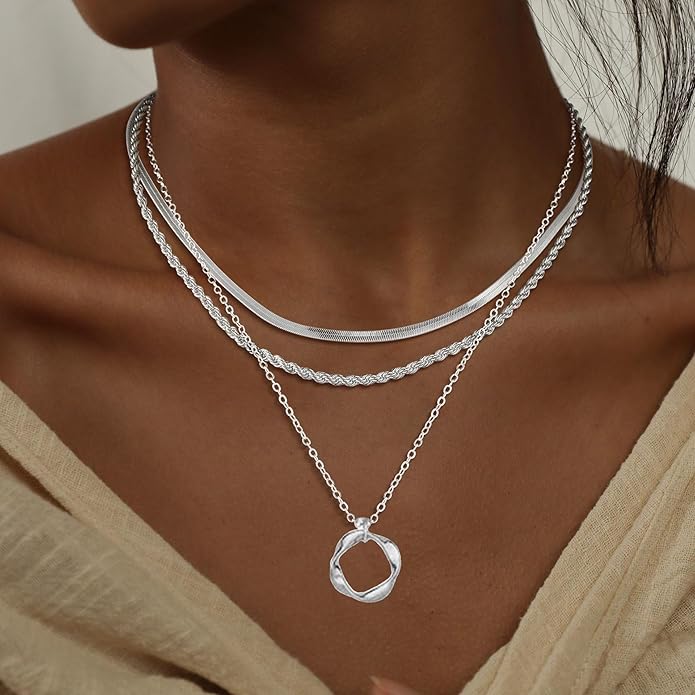Evabelle Gold Layered Necklace for Women Trendy Jewelry 14K Real Gold Plated Chunky Chain Stackable Necklaces Dainty Choker Necklaces Rectangle Square Pendant