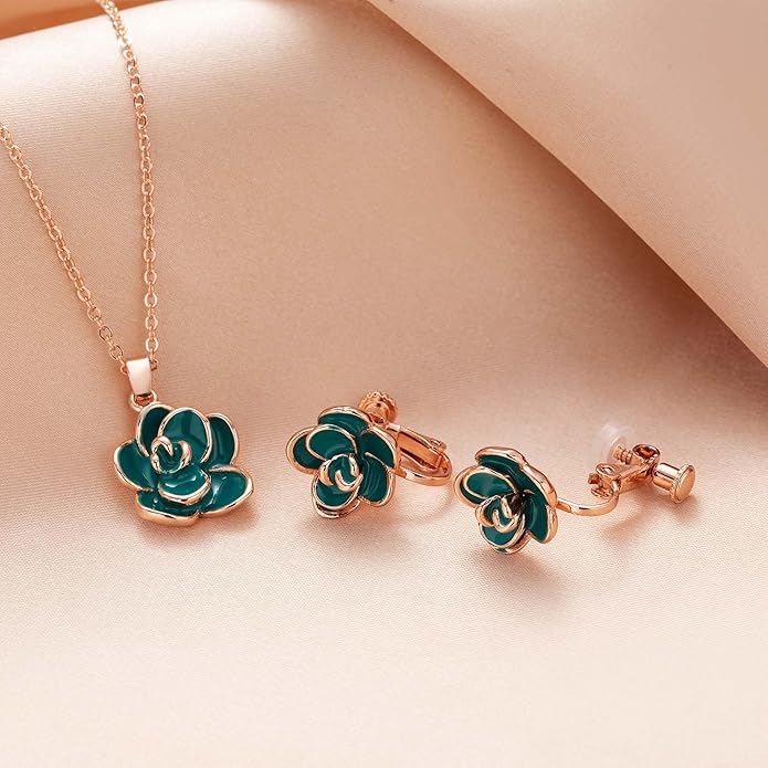 Dainty Rose Flower Pendant Necklace Clip On Earrings Set for Women 14K Gold Plated Hypoallergenic Jewelry Sets