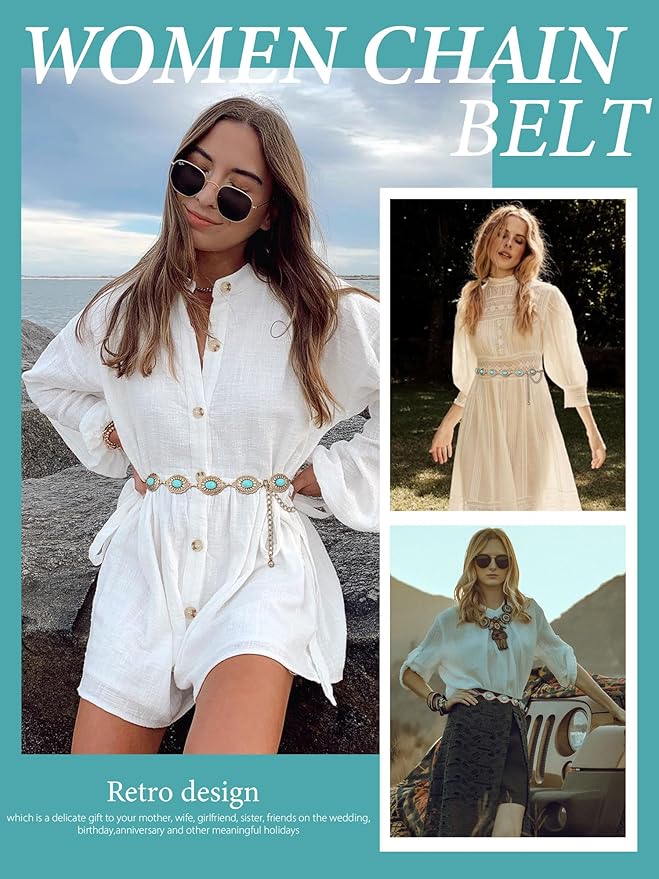 FIORETTO Metal Waist Chain Link Belt for Women Western Cowgirl Boho Turquoise Belts for Dress Jeans Country Concert Outfit