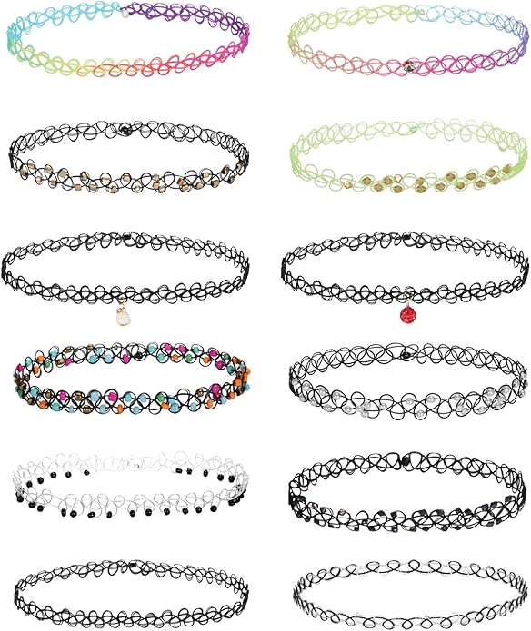 BodyJ4You 12PC Tattoo Choker Necklace for Women - 90s Choker Necklaces Y2K Fashion Trendy Vintage - Emo Black Choker Rainbow Pink White Purple Neon Green Blue Daisy Flower