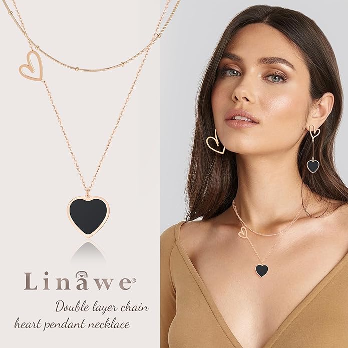 Linawe Layered Choker Heart Pendant Necklace for Women Trendy, Gold/Silver/Rose Gold Chain Stainless Steel Stacked Necklaces, Double Heart Necklace Y2K Preppy Jewelry