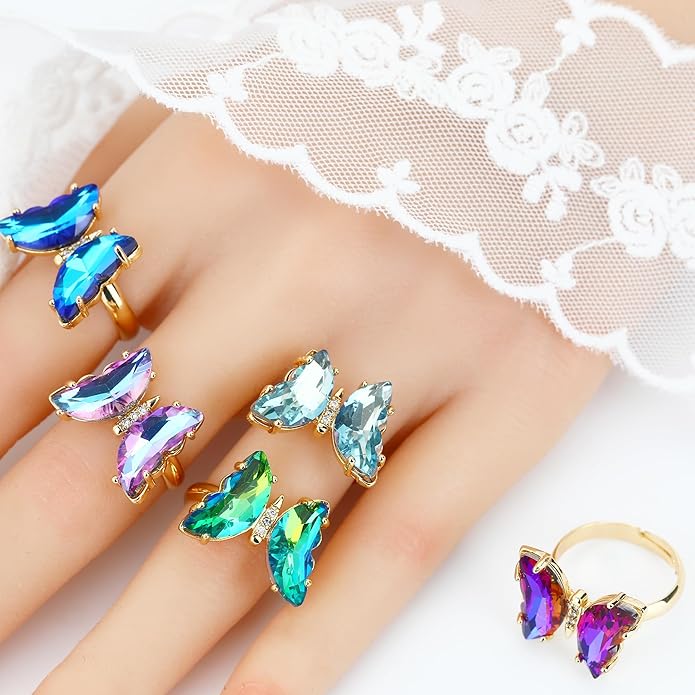 MISS RIGHT Butterfly Crystal Jewelry Set with Butterfly Necklace Stud Earrings Bolo Bracelet Adjustable Ring for Women Trendy, Iridescent Y2K Dainty Butterfly Jewelry Gifts
