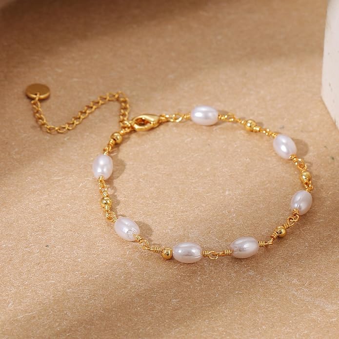 SLOONG Valentines Day Gifts for Her Gold Pearl Bracelets, 18K Real Gold Plated Dainty Stackable Snake Chain CZ Heart Pendant Bracelets, Layered Waterproof Jewelry Gift for Women Adjustable 6"+2"