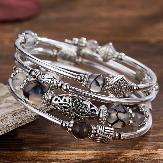 BULINLIN Layered Wrap Bangle Turquoise Bracelet - Bead Bracelet with Natural Agate Stone, Gifts For Women