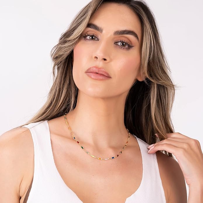 Barzel 18K Gold Plated Multi Stone Crystal Baguette Necklace for Women - Made In Brazil