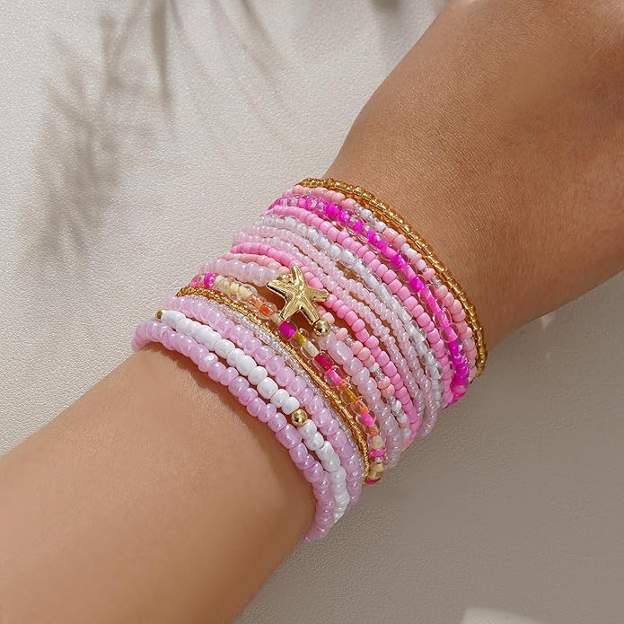 Shell Bracelet Seashell Boho Beaded Stretch Bracelets for Women Summer Beach Bracelets Starfish Charm Bracelet Stackable Gold Plated Bracelets Set for Women