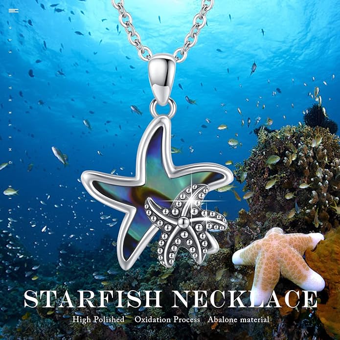 Cuoka Starfish Necklace 925 Sterling Silver Abalone Double Seashell Ocean Sea Beach Star Pendant Necklaces Ocean Jewelry for Women Bestfriend Summer Holiday Graduate Gift