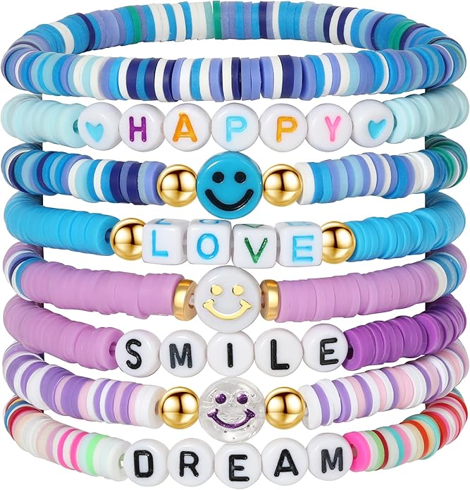 Preppy Bracelets Set Colorful White Gold Smile Heart Star Polymer Beaded Pearl Clay Stackable Charm Y2K Kidcore Aesthetic Summer Beach Bohemian Stretch Layering Bracelets Jewelry for Girls Women Teens