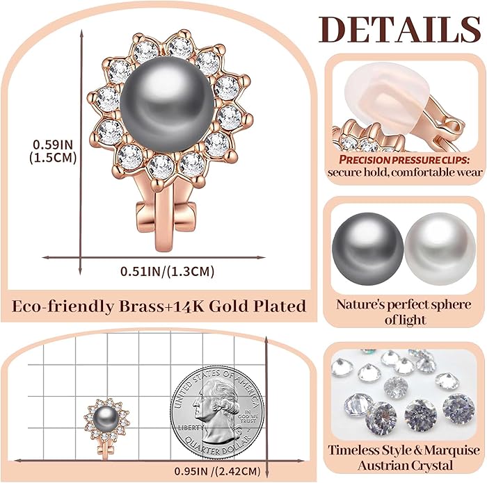 EVEVIC Austrian Crystal Pearl Clip On Earrings for Women Non Pierced Earings 14K Gold Plated Hypoallergenic Jewelry