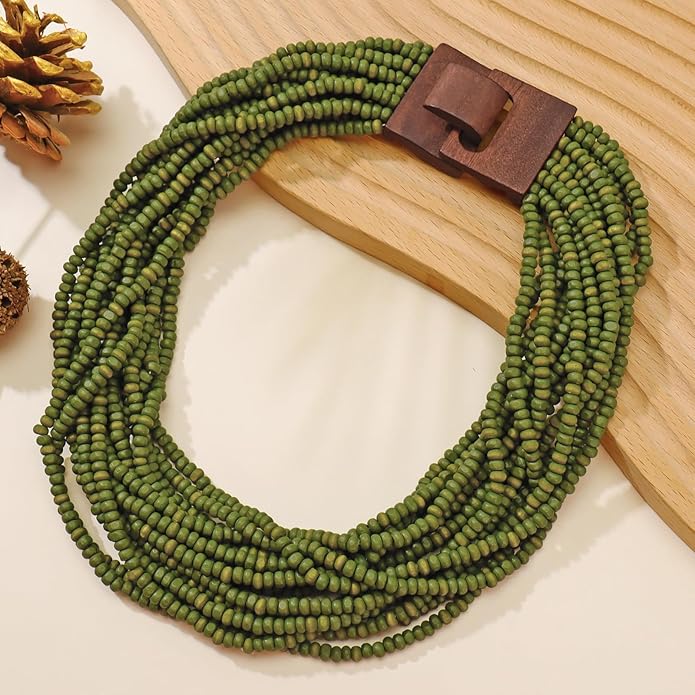 Coiris Beaded Strand Necklace for Women Boho Chunky Beaded Strand Necklace Bohemian Summer Beach Necklace Jewelry for Women(N0059-Black)