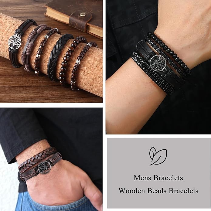 Jewdreamer 38Pcs Punk Wooden Beads Bracelets Gothic Bracelet for Men Adjustable Vintage Beaded Bracelet Metal Set Wood Bangles Wristbands Commemorative Jewelry Gift
