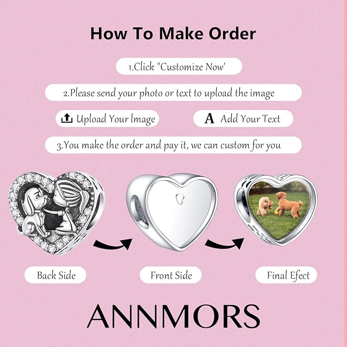 Annmors Personalized Photo Charm for Bracelet Necklaces,925 Sterling Silver Charm Love Heart Shaped Engraved Customize Picture Gift for Birthday Mother's Day Christmas,Bead Charms Jewelry for Women