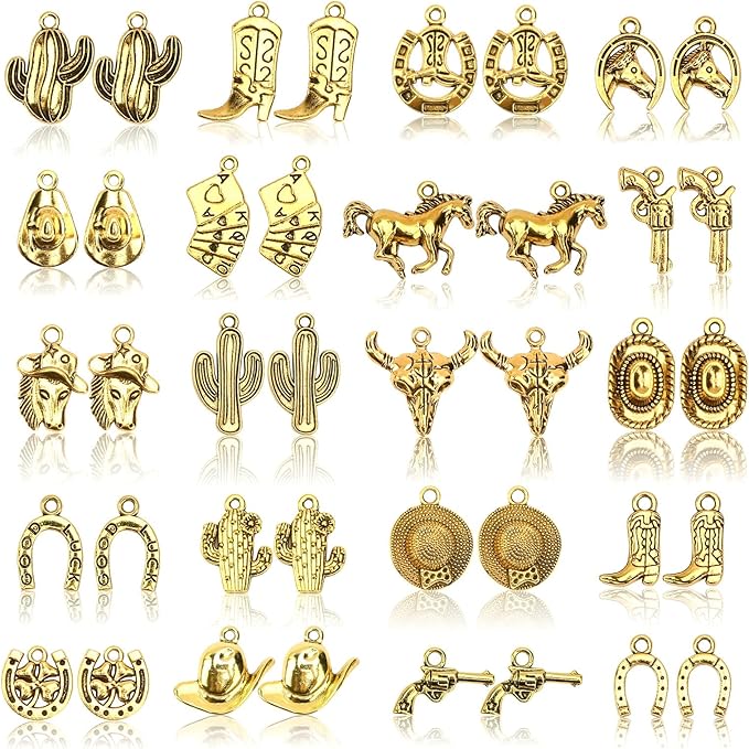 MARFOREVER 40 Pcs/20 Pairs Western Cowboy Cowgirl Charms for Jewelry Making, Antique Gold Dangle Charm Boot Hat Horse Cactus Pendants for Bracelet Necklace Earrings Making Accessories