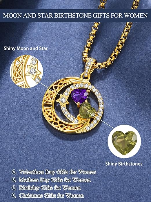 14K Gold Moon and Star Necklace Gifts for Women - Double Heart Birthstone Necklace, Valentines Wedding Anniversary Birthday Gifts for Her Wife Mom Daughter Grandma Sister
