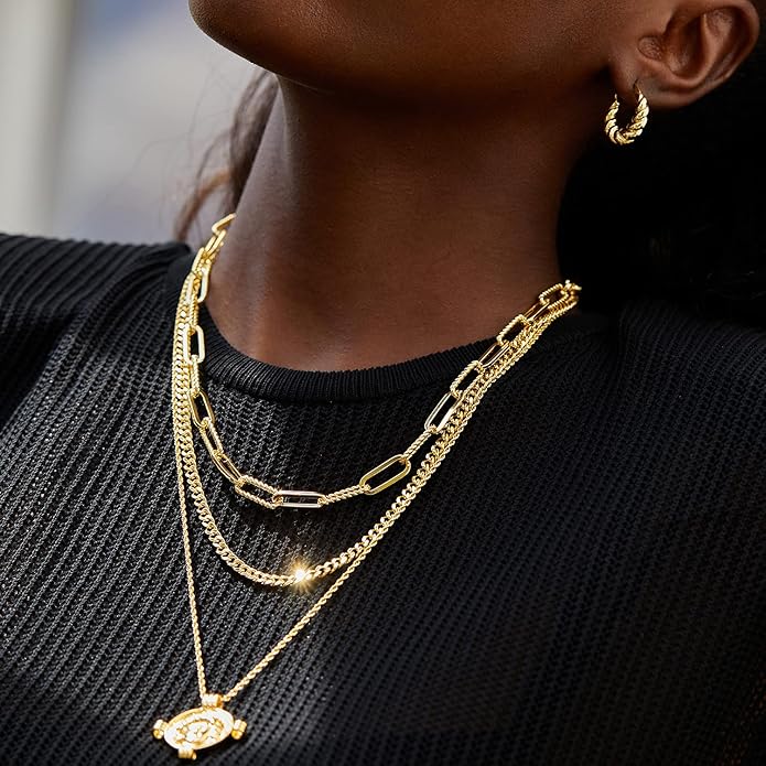 Dainty Layered Choker Necklace 18k gold Plated Y Pendant Commemorative coin Necklace Multilayer Bar Disc Necklace Adjustable Layering Choker Necklaces fashion jewelry for Women Girls