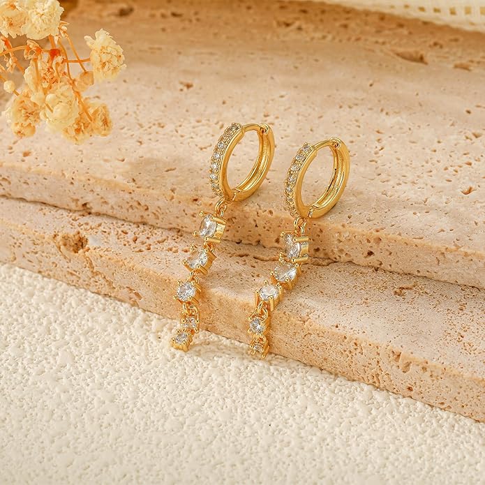 14K Gold Plated Dangle Earrings for Women Dainty Silver Drop Earring Trendy Small Long Dangling Wedding Bridesmaid Hoop Diamond Crystal Cute Earring Jewelry Valentine Gifts