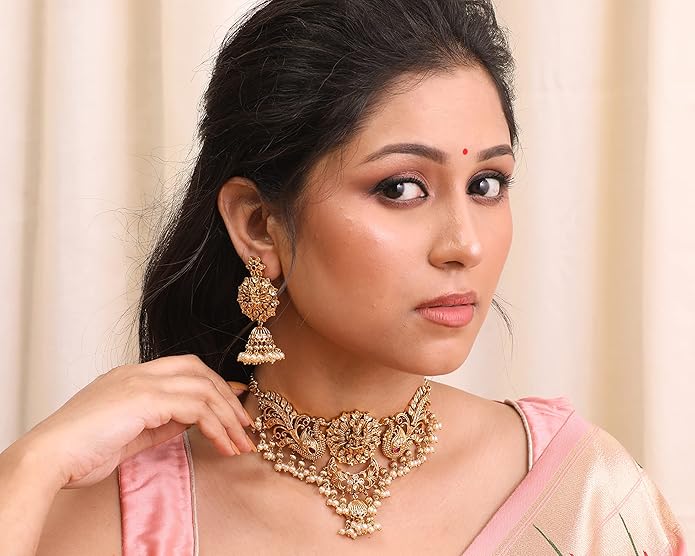 TARINIKA Brass Indian Choker Necklace Set - Gold Plated Cubic Zirconia Indian Jewelry Sets for Women Dangle, Drop, Jhumka Earrings Traditional Desi Necklace Pearls Gift for her