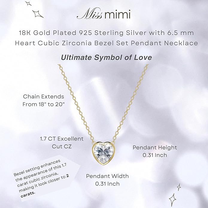 MISS MIMI Solitaire Cubic Zirconia Necklace for Women, 1–3 CT Round,Heart,Princess Cut CZ Options, Bezel or Prong Set in 925 Sterling Silver, Adjustable 16–20" Minimalist Everyday Jewelry