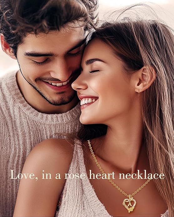 Initial Heart Necklace Gift for Women – 14K Gold Plated Rose Pendant, Personalized Letter Jewelry for Wife, Mom, Grandma, Sister – Birthday, Anniversary for Her
