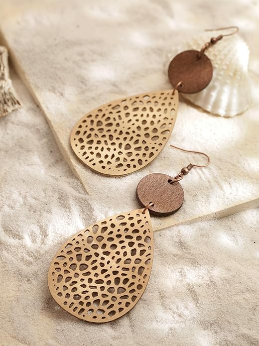 MINACHI Bohemian Hollow Cut-Out Wood Leather Dangle Drop Earrings, Boho Chic Hippie Statement Jewelry Gift for Women