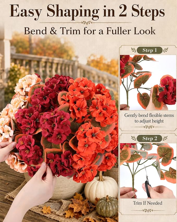 Artificial Fall Flowers for Outdoors, 12 Bundles Faux Geraniums | UV-Resistant - Image 4