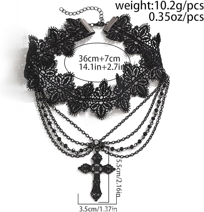 Black Lace Choker Gothic Cross Necklace Zinc Alloy Black Cross Pendant Layered Beads Necklace Halloween Punk Goth Jewelry Gift for Women