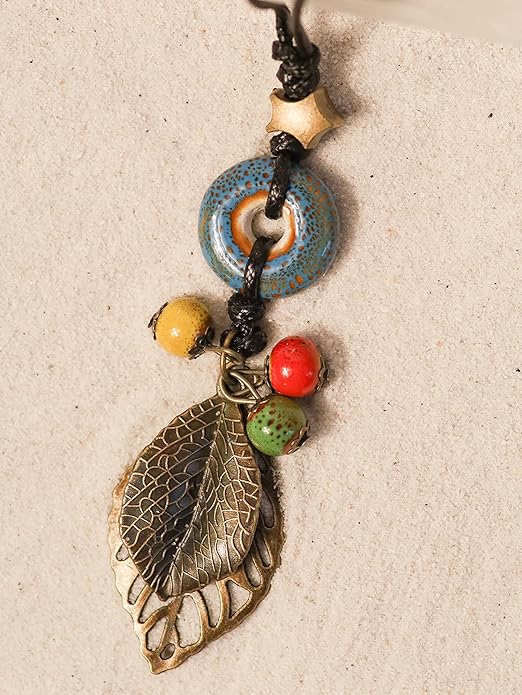 MINACHI Boho Hippie Colorful Ceramic Beads Strand O Ring Circle Charm Long Y Necklace, Vintage Bohemian Statement Jewelry Gift for Women