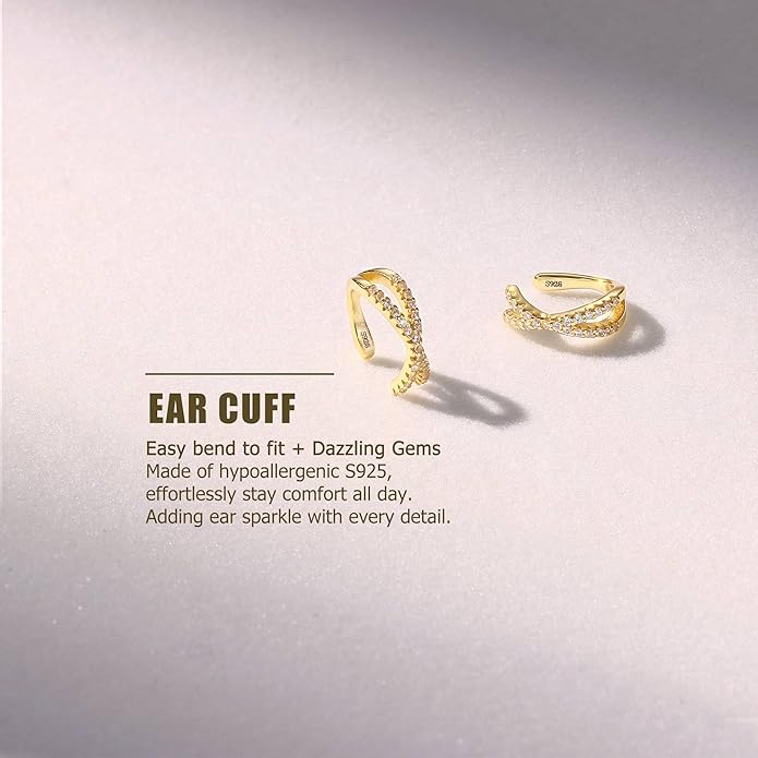 KRFY 2Pcs Adjustable Ear Cuff S925 Sterling Silver Ear Cuffs Non Piercing Cuff Earrings for Women 5A Cubic Zirconia Clip On Cartilage Helix Conch Fake Earrings Hypoallergenic