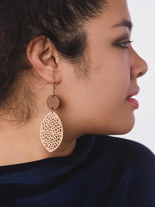 MINACHI Bohemian Hollow Cut-Out Wood Leather Dangle Drop Earrings, Boho Chic Hippie Statement Jewelry Gift for Women