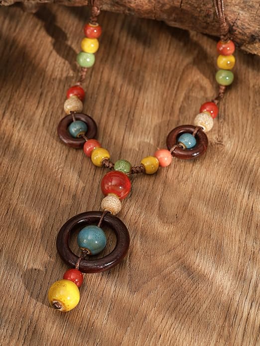 MINACHI Boho Hippie Colorful Ceramic Beads Strand O Ring Circle Charm Long Y Necklace, Vintage Bohemian Statement Jewelry Gift for Women