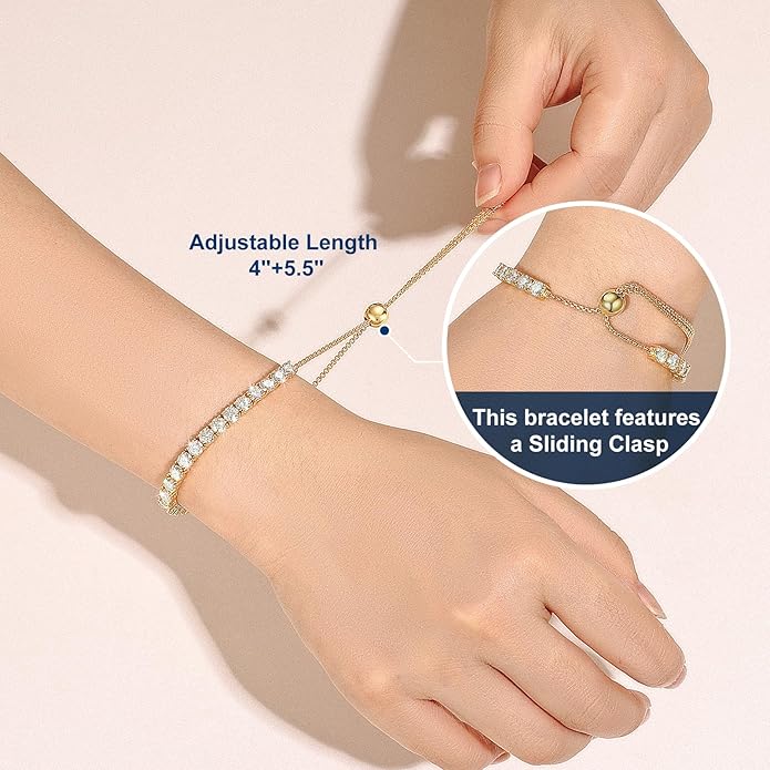 Moissanite Tennis Bracelet 1.79ct-8.69ct Adjustable Bracelet for Women 18K White Gold Plated S925 Sterling Silver Tennis Bracelet D Color VVS1 Round Cut 2/3/4mm Moissanite Bracelet Gifts for Wife/Mom