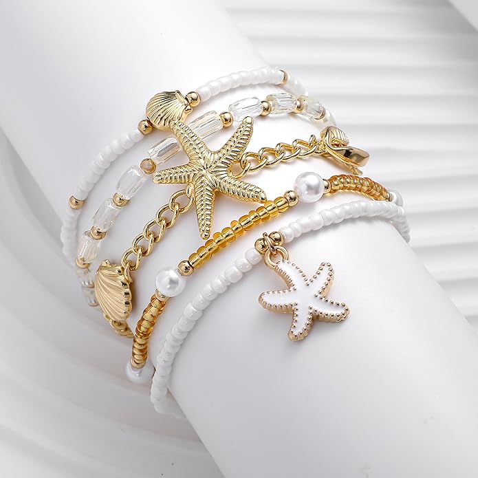 Shell Bracelet Seashell Boho Beaded Stretch Bracelets for Women Summer Beach Bracelets Starfish Charm Bracelet Stackable Gold Plated Bracelets Set for Women