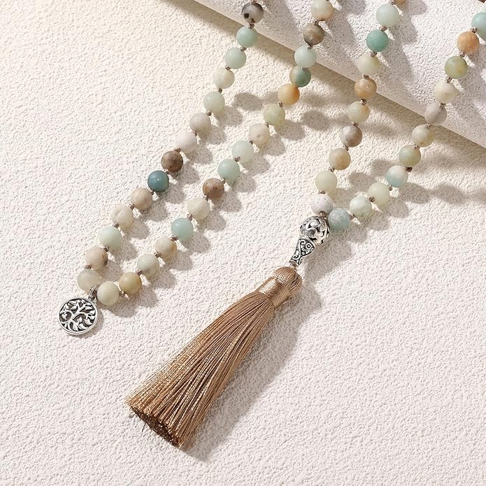 INBLUE 108 Mala Prayer Beads Wrap Necklace with Long Tassel Boho Necklace for Women Amazonite Bead Bracelet with Spiritual Tree of Life Pendant 108 Beads Necklace for Meditation