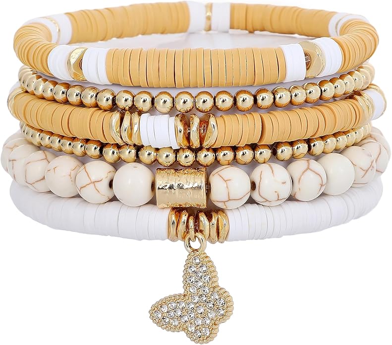 GOOJIDS Surfer Heishi Clay Bead Bracelets for Women Bohemian Stackable Gold Plated Beaded Stretch Bracelets Elastic Layering Friendship Bracelets Set Boho Jewelry