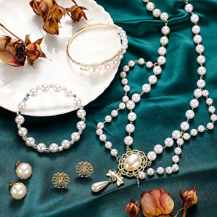 Glenmal Pearl Rhinestone Jewelry Set for Women Pearl Necklace Bracelet Earrings for Wedding Birthday Bridal Shower Tea Party