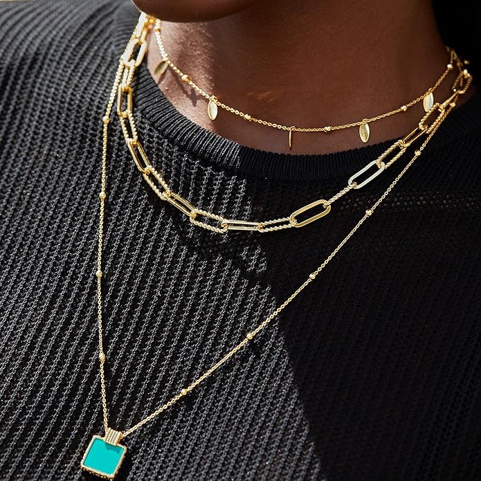 Dainty Layered Choker Necklace 18k gold Plated Y Pendant Commemorative coin Necklace Multilayer Bar Disc Necklace Adjustable Layering Choker Necklaces fashion jewelry for Women Girls